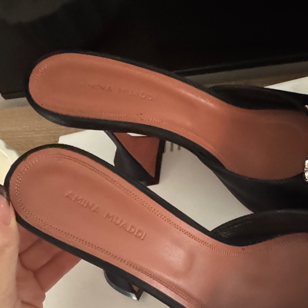 Amina Muaddi Black Heels with Crystal Bow - Picture 4 of 8